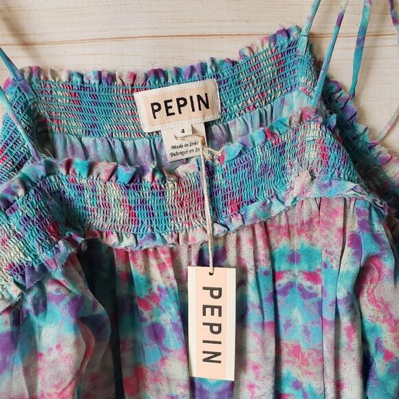 Pepin Off The Shoulder Watercolor Raw Hem Lightweight Summer Dress Size 4 - Picture 10 of 13